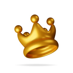 3D gold crown icon isolated on white. Render golden crown emoji symbol. Emoticon for VIP, rich, winner luxury premium success. Customer feedback, rating or status signs. Realistic vector illustration