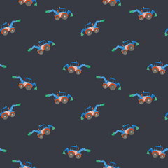 Beautiful vector childish seamless pattern with hand drawn watercolor kid toys illustrations. Construction equipment concrete mixer dump truck excavator tractor.