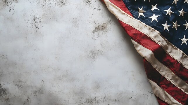 American flag corner is partially draped across a textured, light-colored concrete surface, leaving ample negative space on the left. The scene evokes patriotism and pride with a minimalistic design.