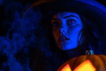 An illuminated witch carrying a pumpkin carved for Halloween