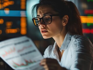 Businesswoman sweating while looking at a financial report showing massive losses, stock market correction, panic sell