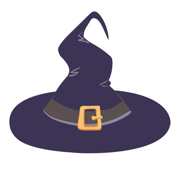 recommend clip art: Black witch hat for Halloween. Symbol of witch, sorcerer, wizard, sorcerer. Vector cap with golden buckle on white background.