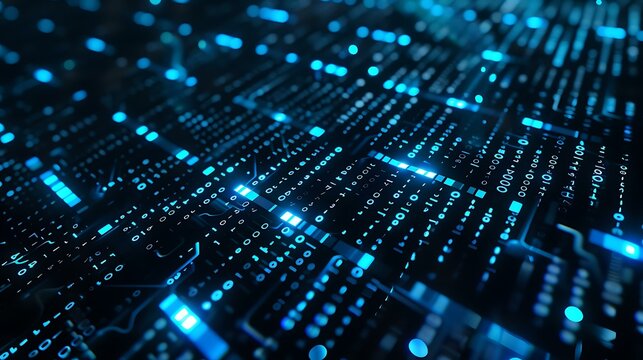 A dark computer screen filled with blue 1s and 0s representing binary data, showing a digital grid pattern and glowing effect