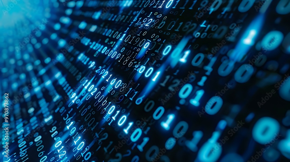Poster A dark computer screen filled with blue 1s and 0s representing binary data, showing a digital grid pattern and glowing effect