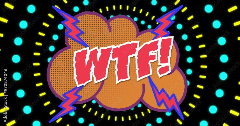 Poster wtf! text with lightning bolts in colorful pop art animation style
