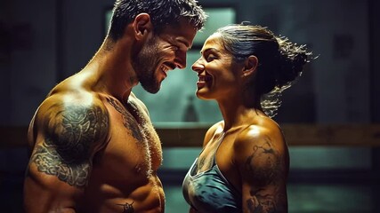 A young American man and woman, both tattooed and in athletic attire, share a smile in a dimly lit gym. The man is shirtless, while the woman wears a sports bra. Their expressions show mutual