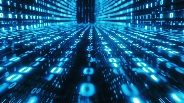 A digital matrix of blue binary code illuminated on a computer monitor, symbolizing data transmission and computer technology