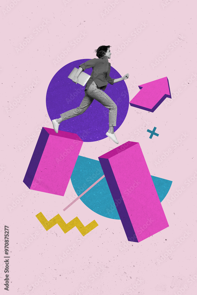 Aufkleber composite collage picture image of funny running girl arrow career path working process bizarre unus