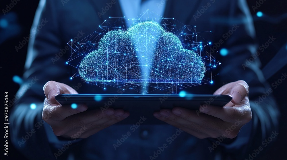 Aufkleber a business professional holds a tablet displaying a holographic cloud symbolizing data storage and t