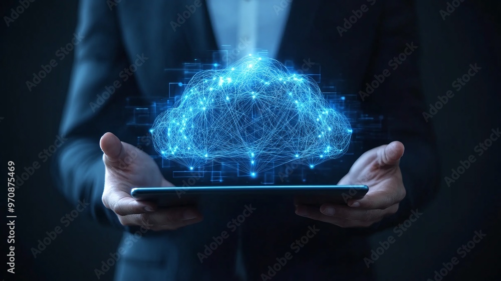 Aufkleber a business professional holds a tablet displaying a glowing cloud symbol, representing digital techn