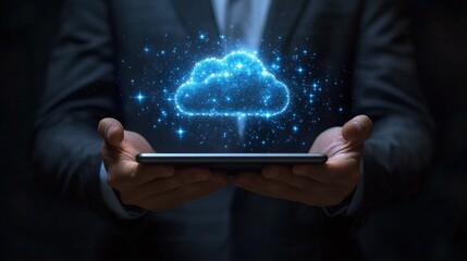 A businessman holding a tablet with a glowing cloud symbol, representing digital storage and technology innovation.