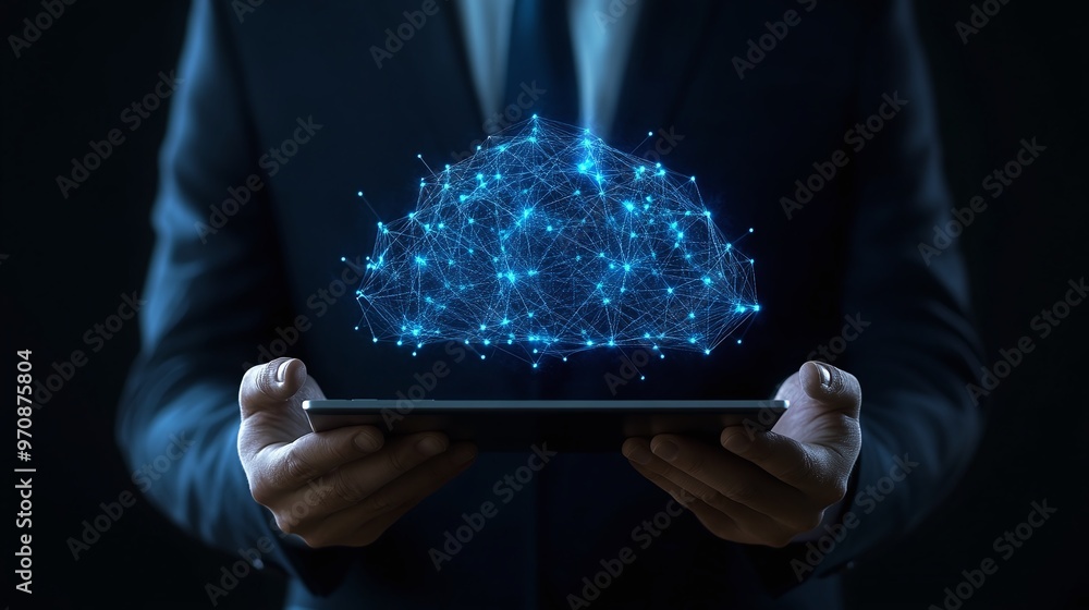 Aufkleber a businessman holds a tablet displaying a digital cloud network, symbolizing technology and innovati