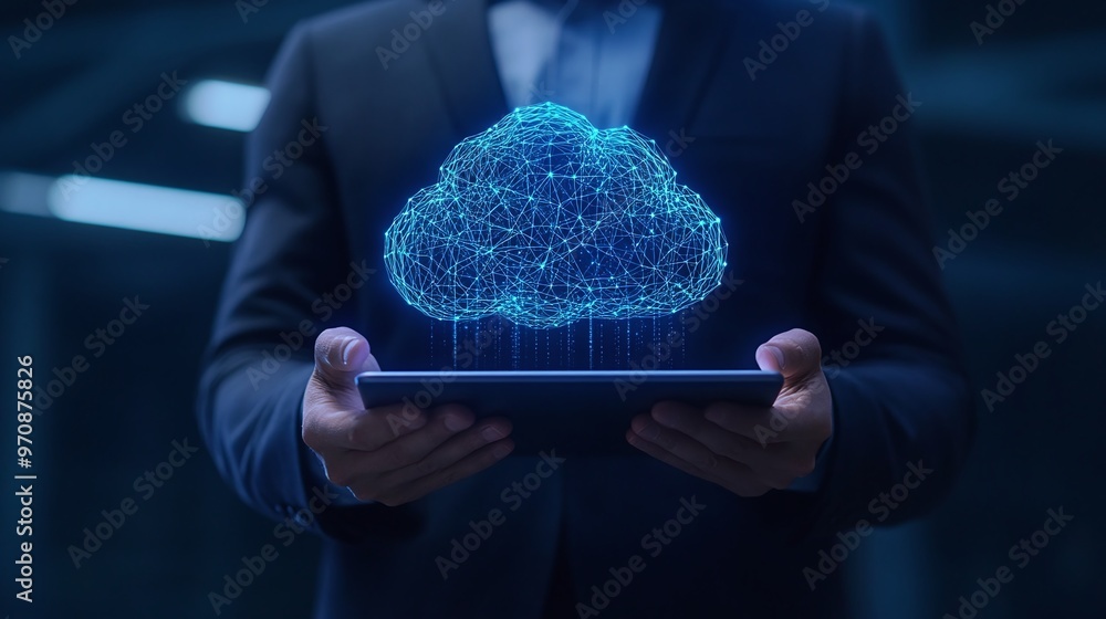 Poster a businessman holds a tablet displaying a digital cloud symbol, representing cloud computing and fut