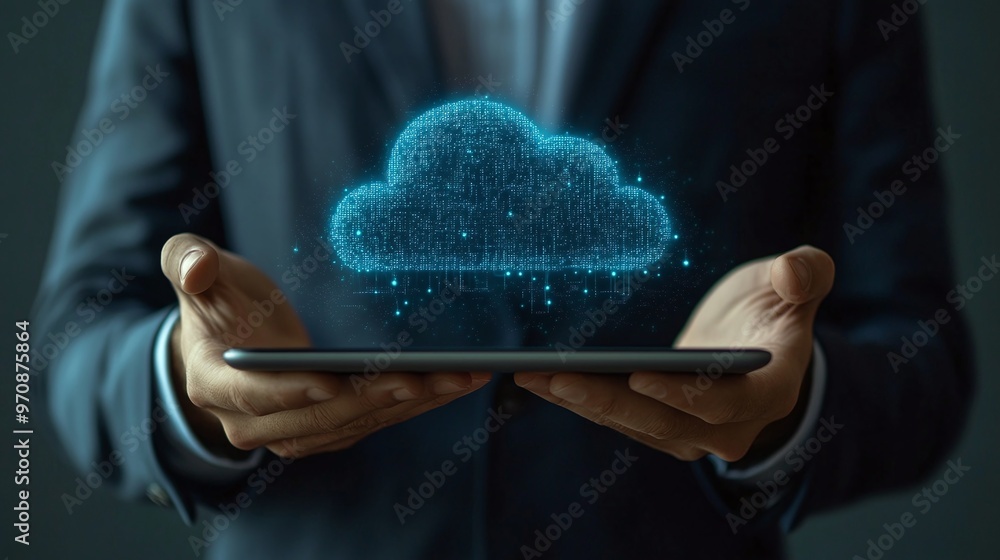 Poster a businessman holds a tablet displaying a futuristic cloud technology concept, symbolizing digital i