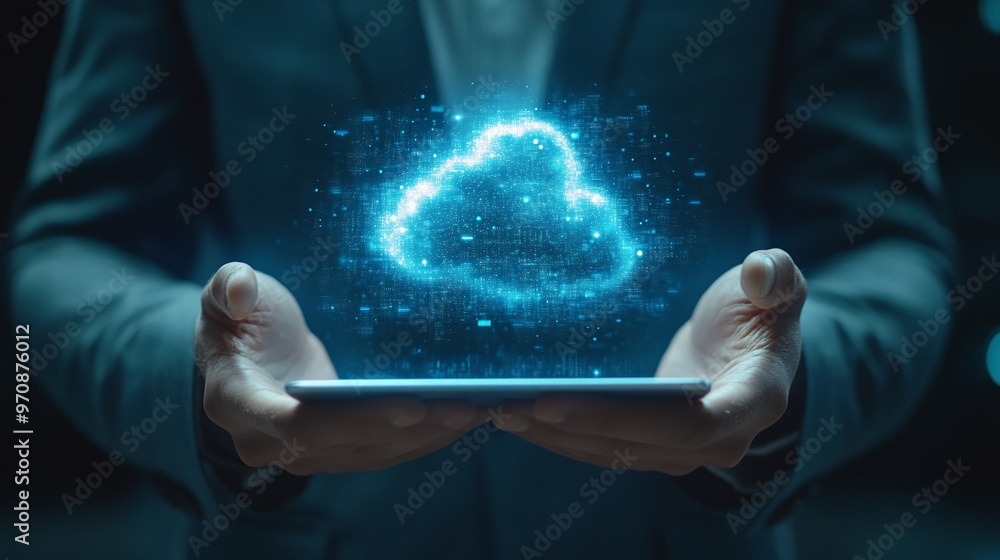 Poster a businessman holds a tablet displaying a glowing cloud symbol, representing modern technology and d