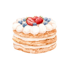 Beautiful vector stock illustration with watercolor hand drawn delicious dessert. Clip art. Cake illustration for menu design.