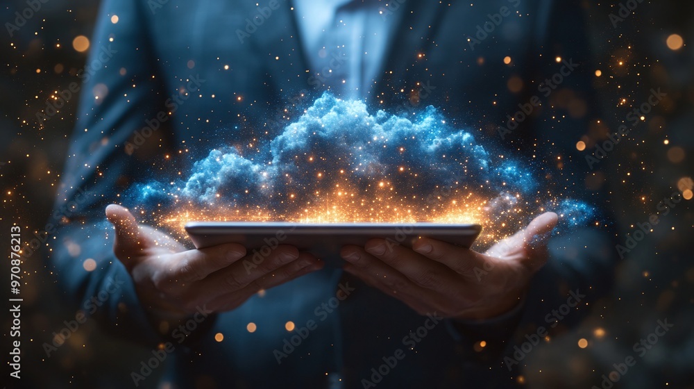 Poster a businessman holds a tablet with a glowing cloud of data above, symbolizing digital transformation 