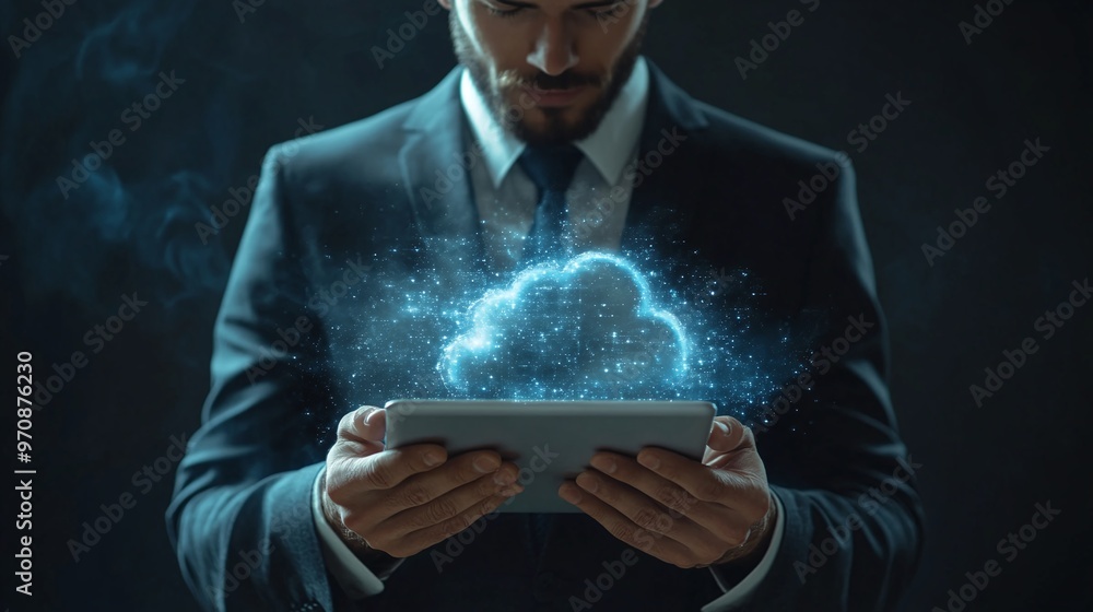 Aufkleber a businessman interacts with a digital cloud interface on a tablet, representing technological innov