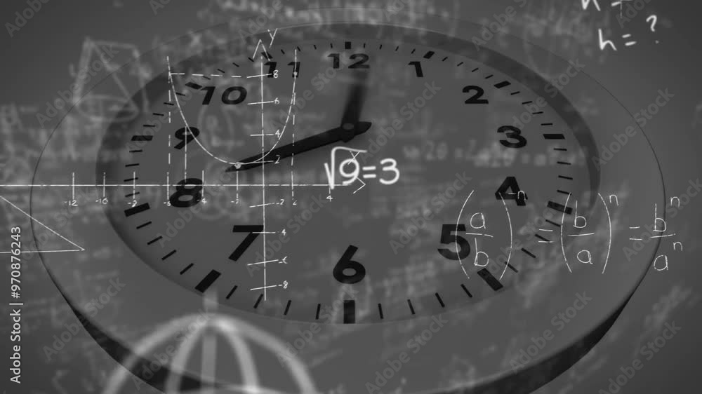 Poster clock face with mathematical equations and graphs animation over black background