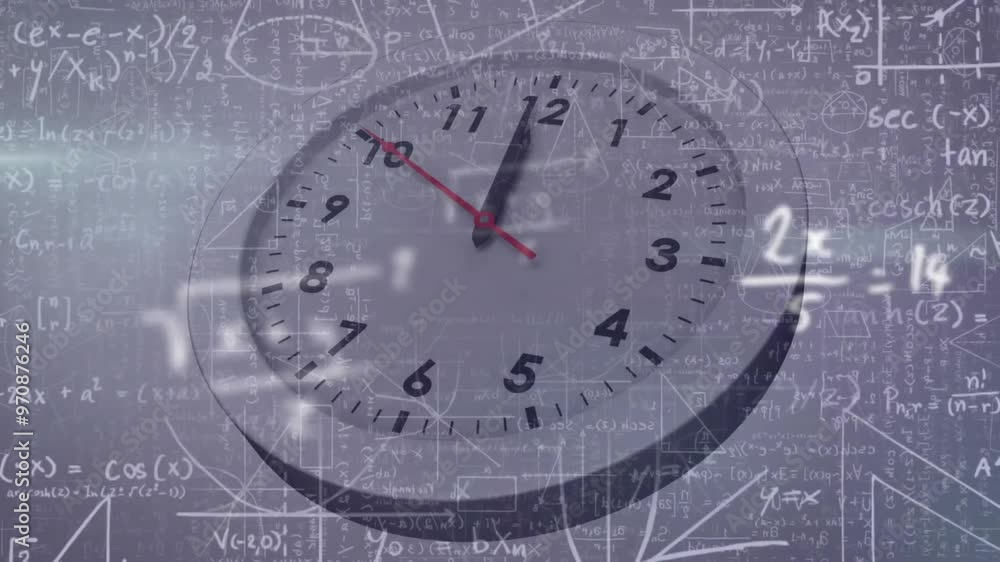 Poster clock showing time over mathematical equations and formulas animation