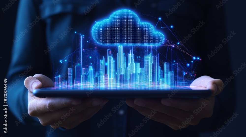 Poster a digital cloud technology concept showing a cityscape projected from a tablet, representing innovat
