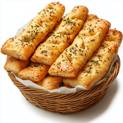A basket of freshly baked garlic breadsticks brushed with butter and herbs, isolated on a white background