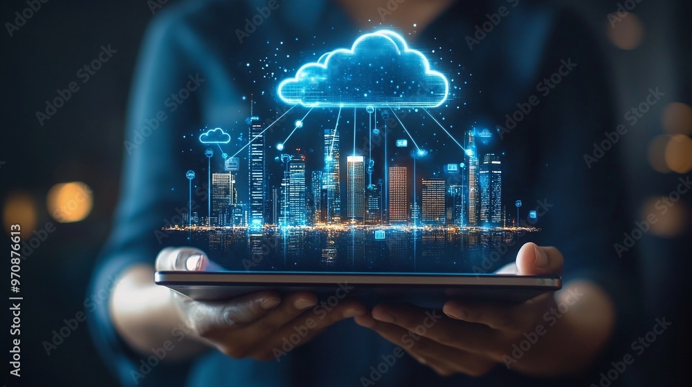 Poster a futuristic depiction of cloud computing with urban skyline icons emerging from a digital tablet he
