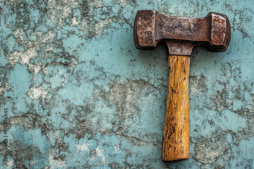 Poster Rusty Hammer Against Cracked Blue Wall