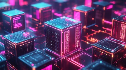 Abstract 3D rendering of glowing neon cubes with a digital circuit board background.