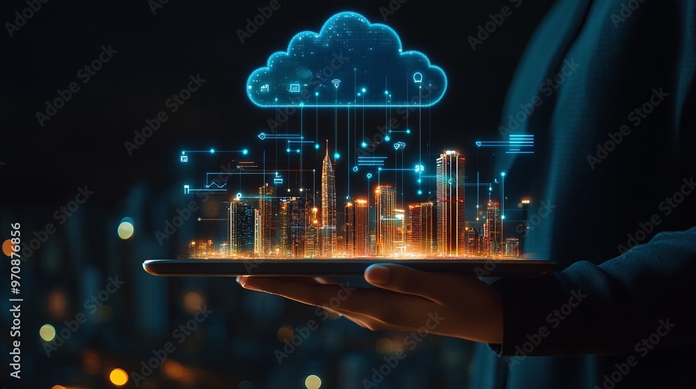 Poster a hand holding a tablet displaying a futuristic cloud design with digital buildings and data symbols