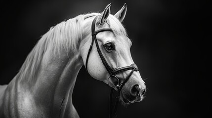 Obraz premium Black-and-white portrait of a sports stallion in a bridle.