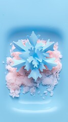 A minimalistic abstract photo of light blue paper snowflake. New Year theme with pastel background.