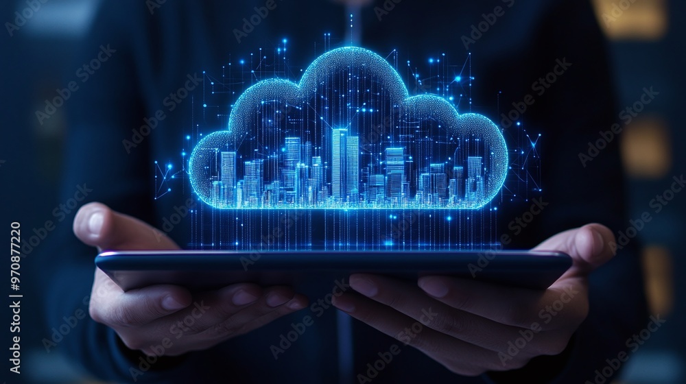 Poster a person holding a tablet displaying a digital cloud with cityscape visuals, symbolizing technology 