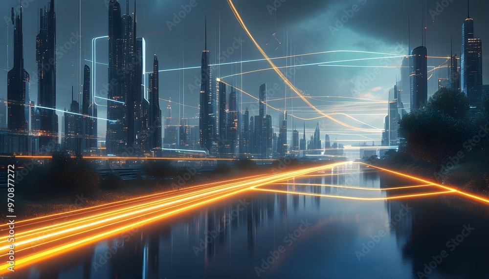 Wall mural futuristic cityscape illuminating idea pathways with glowing connections of creativity and innovatio