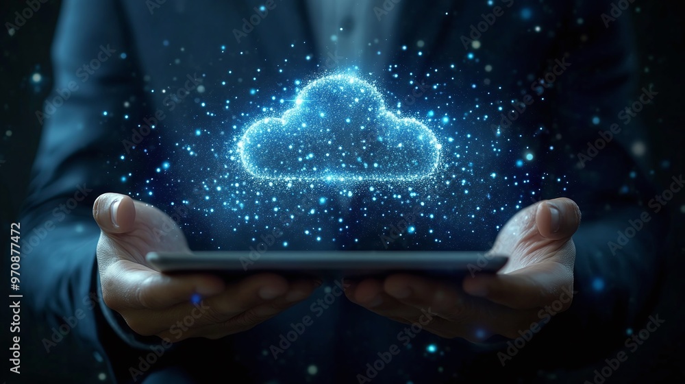 Poster a person holding a tablet with a glowing cloud symbol, representing digital storage and cloud comput