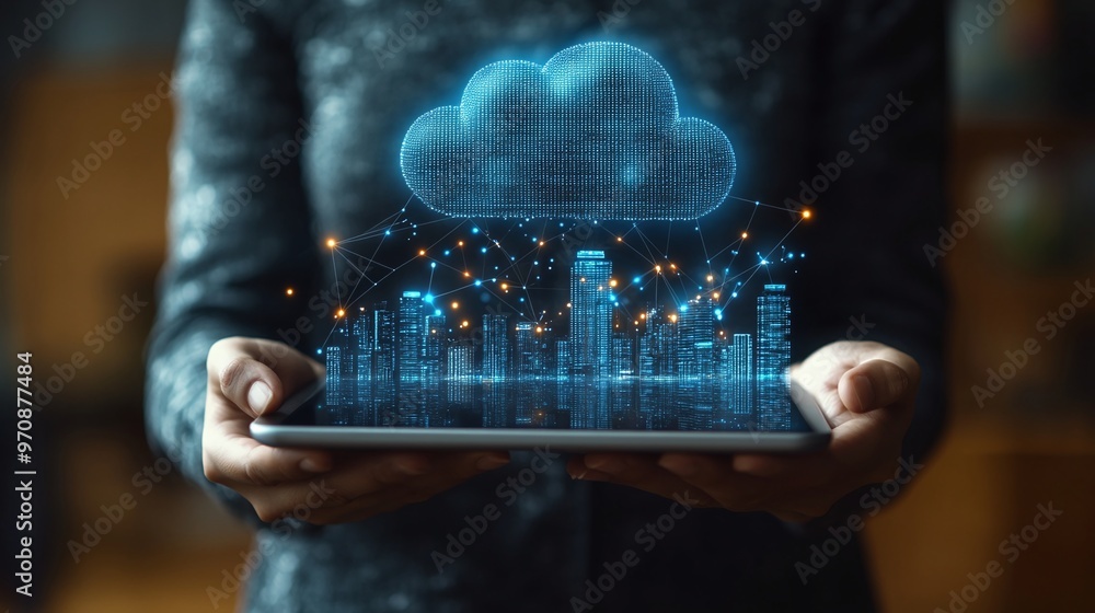 Poster a person holding a tablet with an overlay of a cloud and digital cityscape, representing cloud compu