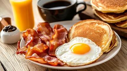 American breakfast with sunny side up eggs bacon toast pancakes coffee and juice wood background