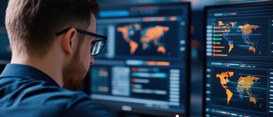 Hightech interface with global distribution data flowing across multiple screens, representing advanced travel booking systems