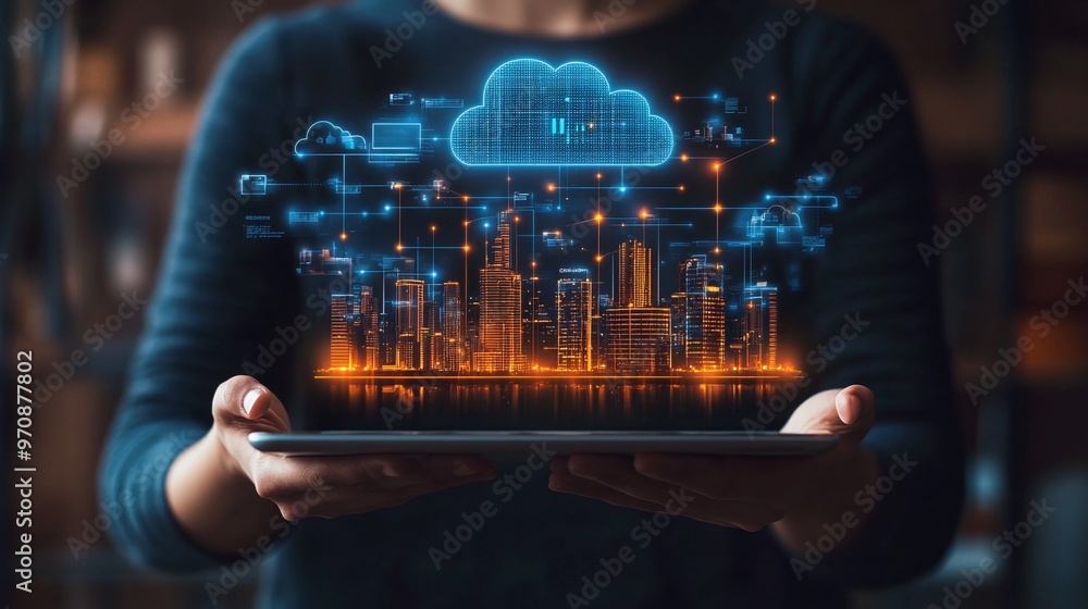 Poster a person holds a tablet displaying a futuristic digital cloud interface with glowing city graphics, 