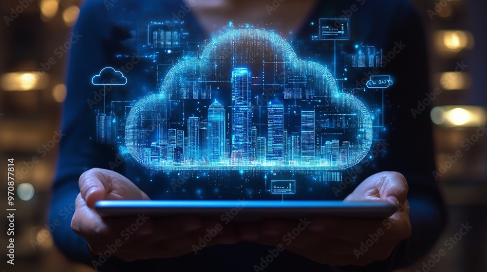 Poster a person holds a tablet displaying a glowing cloud interface representing digital data and smart cit