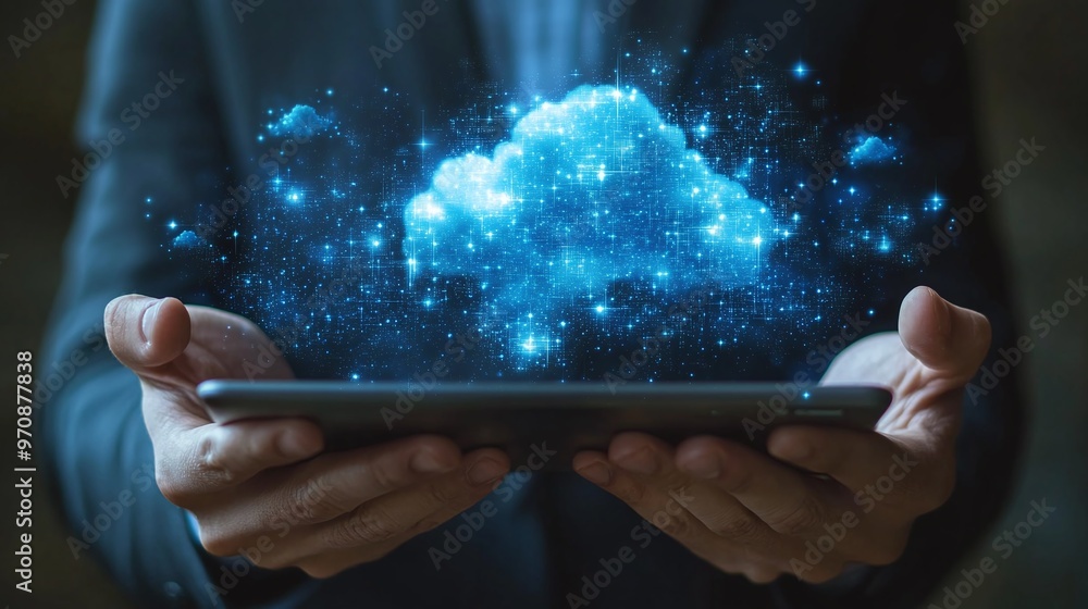 Poster a person holds a tablet displaying a glowing cloud symbol, representing digital technology and innov
