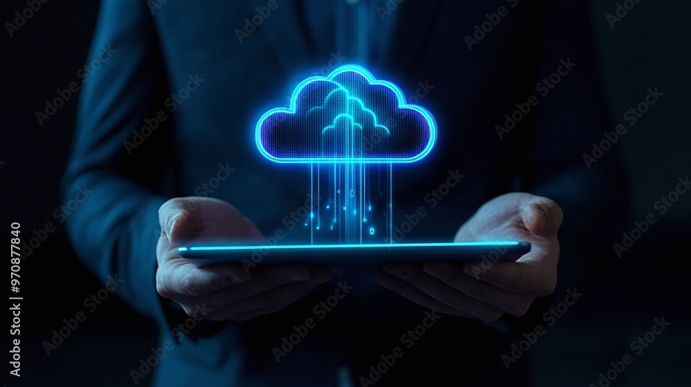 Aufkleber a person holds a tablet displaying a glowing cloud symbol, representing data transfer and modern tec