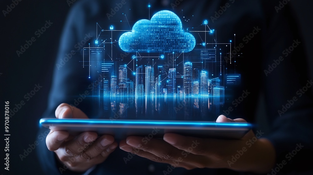 Aufkleber a person interacts with a digital tablet displaying an innovative cloud technology concept, symboliz