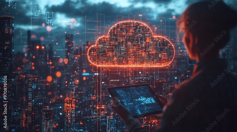 Poster a person using a tablet in a digital cityscape, visualizing cloud technology and data connectivity a