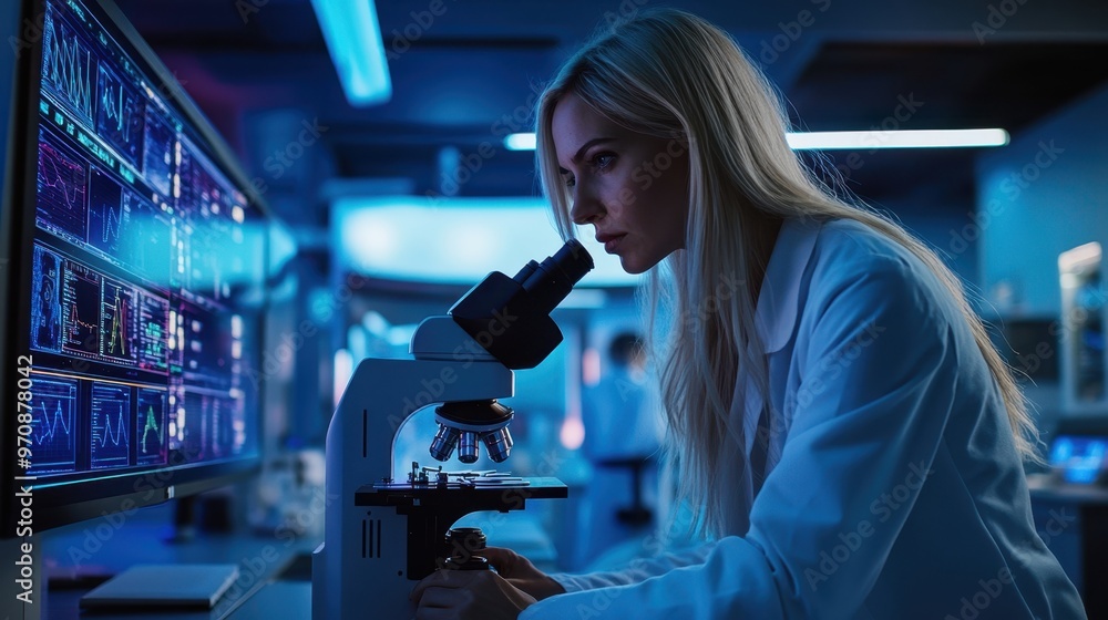 Poster the scientist using microscope