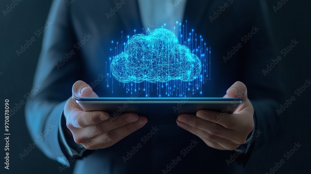 Aufkleber a professional holding a tablet displaying a digital cloud, symbolizing modern technology and data m