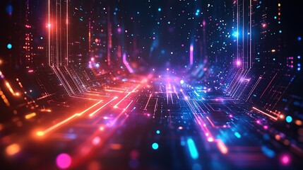 Fototapeta premium Futuristic abstract background with glowing circuits, neon blue and purple hues, technology-inspired vector design