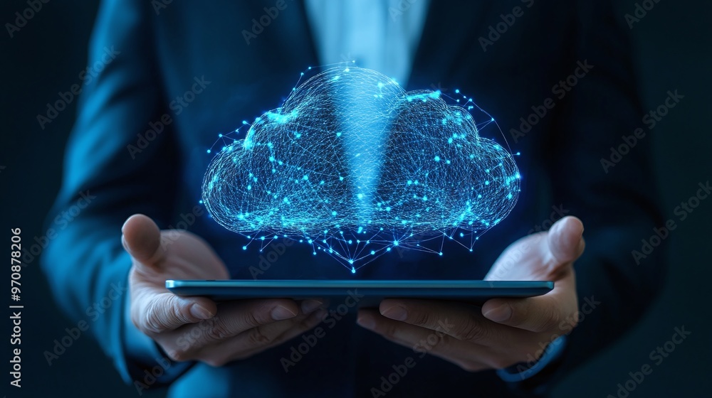 Aufkleber a professional holds a tablet displaying a digital cloud, symbolizing innovative technology and data