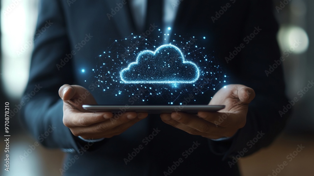 Poster a professional holding a tablet with a glowing cloud symbol, representing cloud computing and digita