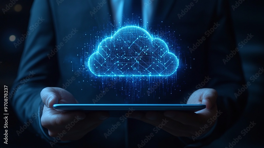 Poster a professional holds a tablet displaying a glowing cloud symbol, representing modern digital storage